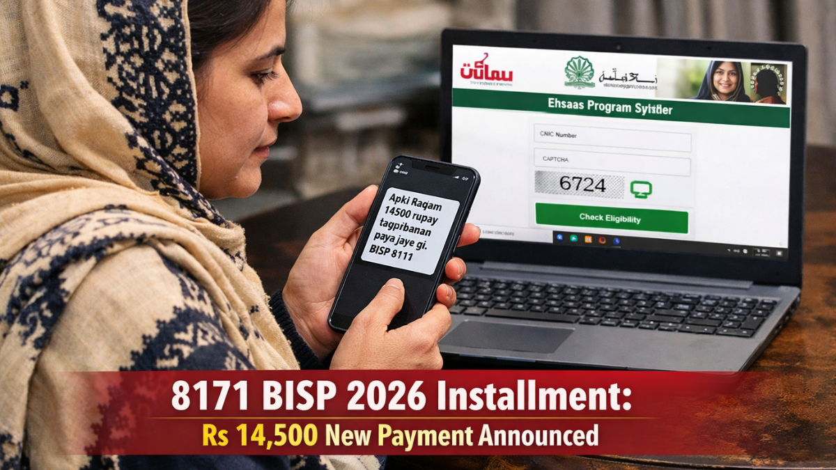 Woman checking 8171 BISP 14500 installment status on mobile phone in Pakistan 2026.