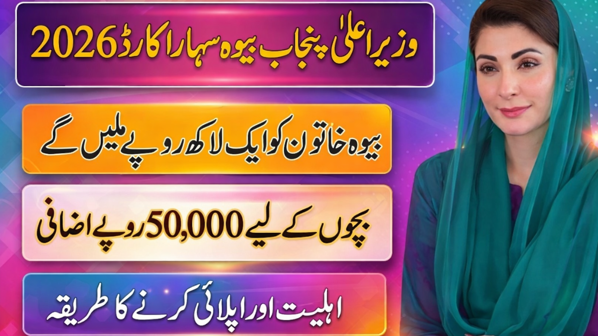 Colorful promotional banner of CM Punjab Bewa Sahara Card 2026 showing financial assistance of 1 lakh rupees for widows and additional 50,000 rupees for children, featuring Maryam Nawaz on the right side.