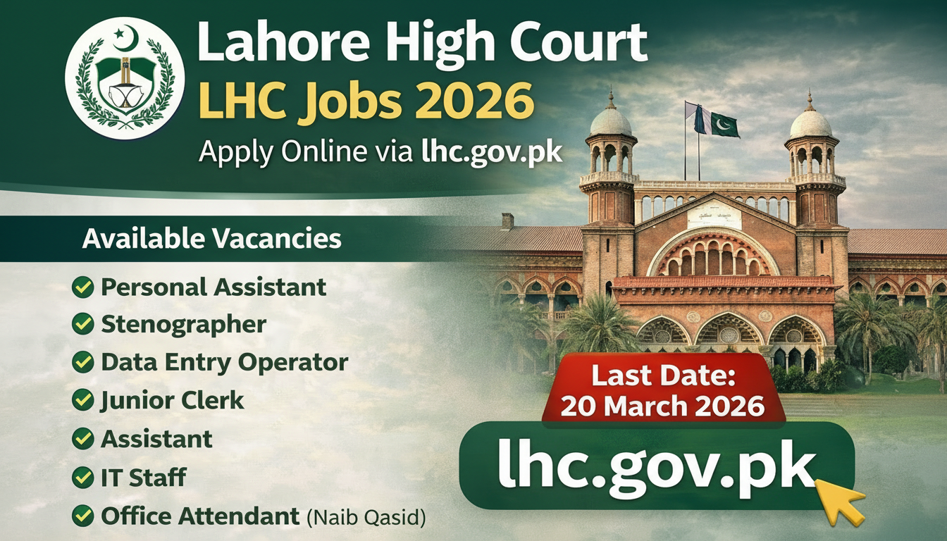 Lahore High Court LHC Jobs 2026 official advertisement thumbnail with last date 20 March 2026 and apply online at lhc.gov.pk