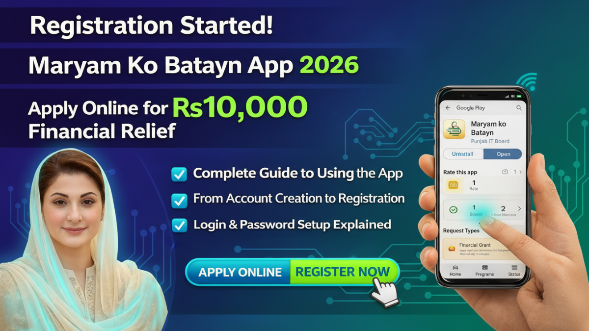 Maryam Ko Batayn App 2026 Rs 10000 financial relief online registration advertisement banner.
