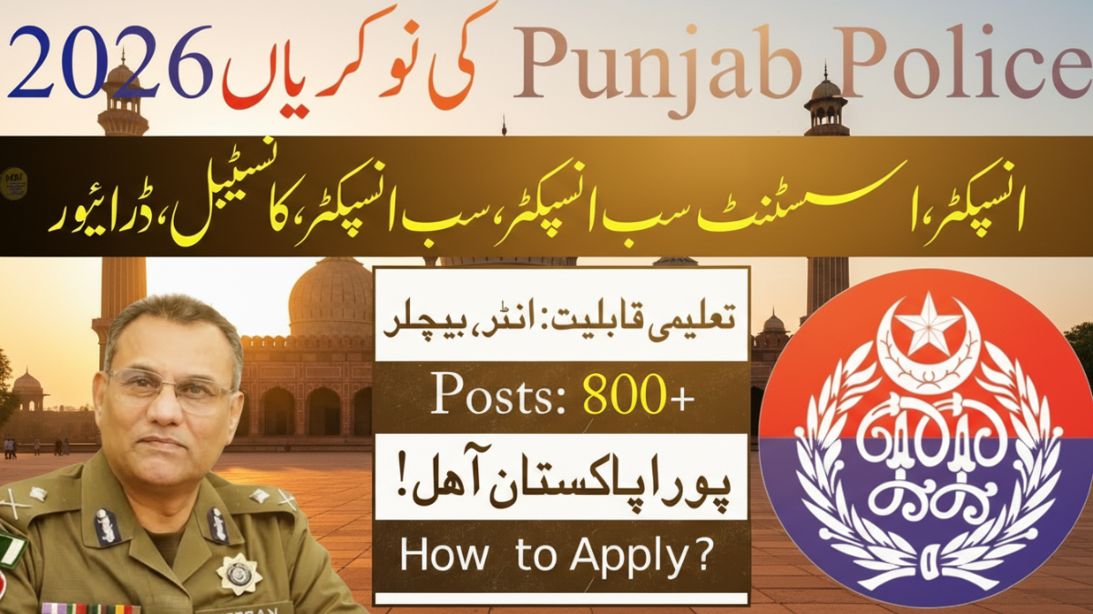 Punjab Police Jobs 2026 recruitment advertisement showing 800+ posts, eligibility details, and how to apply information with Punjab Police logo and officer image.