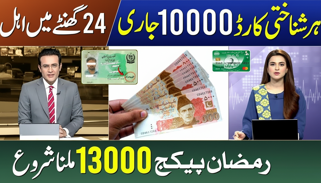 Ramzan Relief Package 2026 news graphic showing Rs 13000 assistance, 10000 ID cards update, Pakistani currency notes and news anchors on screen.