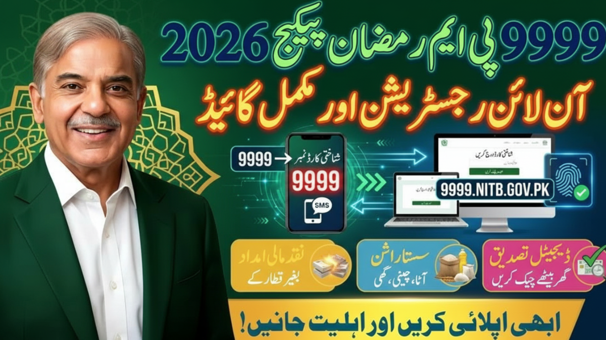 9999 PM Ramzan Package 2026 registration guide showing SMS code 9999, CNIC eligibility check and Ramzan relief program in Pakistan