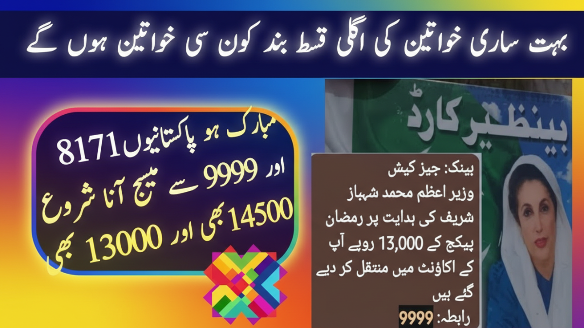 BISP 8171 new payment update banner showing Rs 14500 and Rs 13000 installment details with 9999 SMS registration information for women beneficiaries