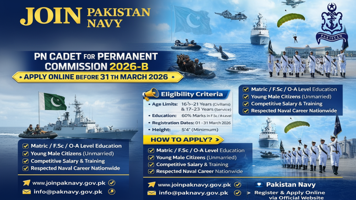 Join Pakistan Navy as PN Cadet for Permanent Commission 2026-B advertisement with eligibility criteria and registration details